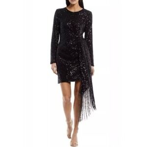 NWT Belle Badgley Mischka Harley Black Sequin Crew Neck Long Sleeve Fringe Dress